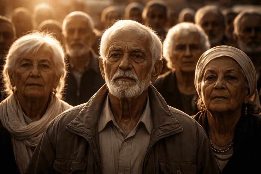 Elderly people in a crowd looking ahead.