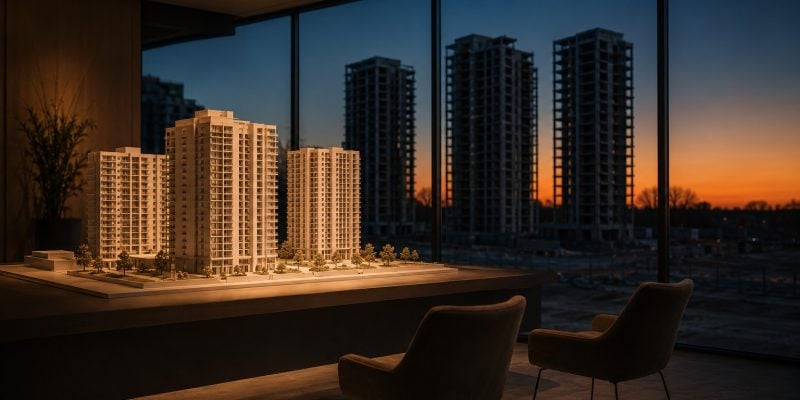 a wide interior shot of an empty new-development sales office at dusk. In the foreground, a white architectural scale model of apartment towers sits on a long table under a single warm spotlight, with two empty designer chairs pulled slightly back as if buyers just left. Behind it, a floor-to-ceiling window shows the real towers under construction outside, dark and craneless against an orange-to-deep-blue evening sky, their windows unlit. Shallow depth of field keeps the model crisp and the real towers soft. No signage, no brochures with readable text, no logos anywhere &mdash; the empty chairs against the lit model tell the whole story of a market where the product is ready and the buyers have stepped away.