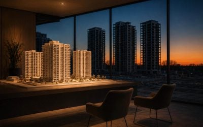 a wide interior shot of an empty new-development sales office at dusk. In the foreground, a white architectural scale model of apartment towers sits on a long table under a single warm spotlight, with two empty designer chairs pulled slightly back as if buyers just left. Behind it, a floor-to-ceiling window shows the real towers under construction outside, dark and craneless against an orange-to-deep-blue evening sky, their windows unlit. Shallow depth of field keeps the model crisp and the real towers soft. No signage, no brochures with readable text, no logos anywhere — the empty chairs against the lit model tell the whole story of a market where the product is ready and the buyers have stepped away.