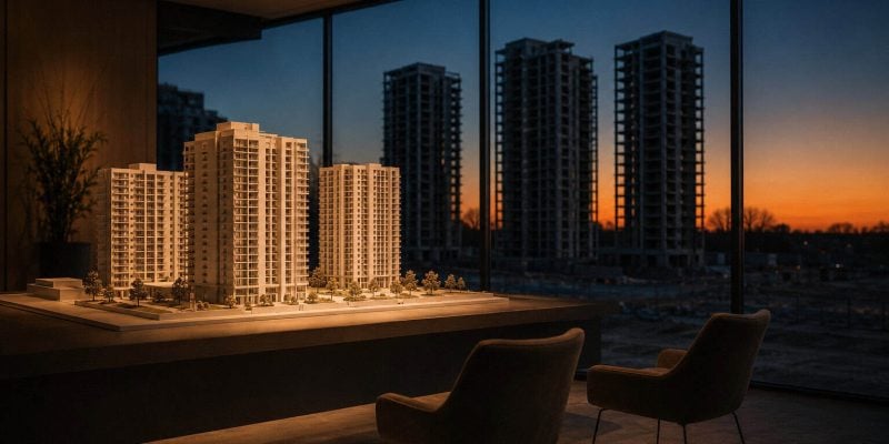a wide interior shot of an empty new-development sales office at dusk. In the foreground, a white architectural scale model of apartment towers sits on a long table under a single warm spotlight, with two empty designer chairs pulled slightly back as if buyers just left. Behind it, a floor-to-ceiling window shows the real towers under construction outside, dark and craneless against an orange-to-deep-blue evening sky, their windows unlit. Shallow depth of field keeps the model crisp and the real towers soft. No signage, no brochures with readable text, no logos anywhere &mdash; the empty chairs against the lit model tell the whole story of a market where the product is ready and the buyers have stepped away.