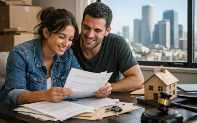 Tel Aviv residential buildings and legal gavel symbolizing court win for homebuyers