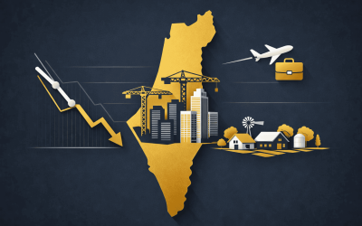 Gold silhouette map of Israel on a dark background with construction cranes and city skyline, rural homes and windmill, an airplane and briefcase, and a downward price chart representing Israel’s real estate market trends