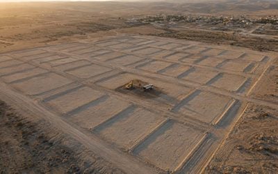 Aerial photograph at golden hour of a desert town's edge in southern Israel