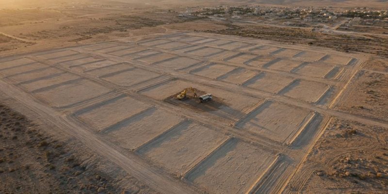 Aerial photograph at golden hour of a desert town's edge in southern Israel