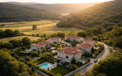 Aerial view of stone villas with red roofs in a green Israeli hillside valley at sunset