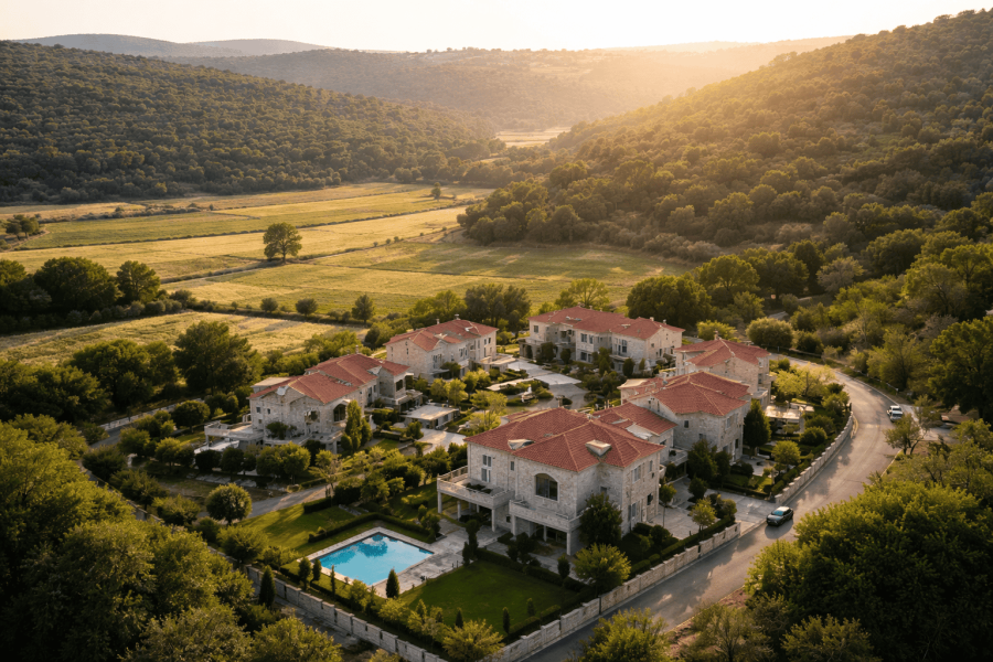 Aerial view of stone villas with red roofs in a green Israeli hillside valley at sunset