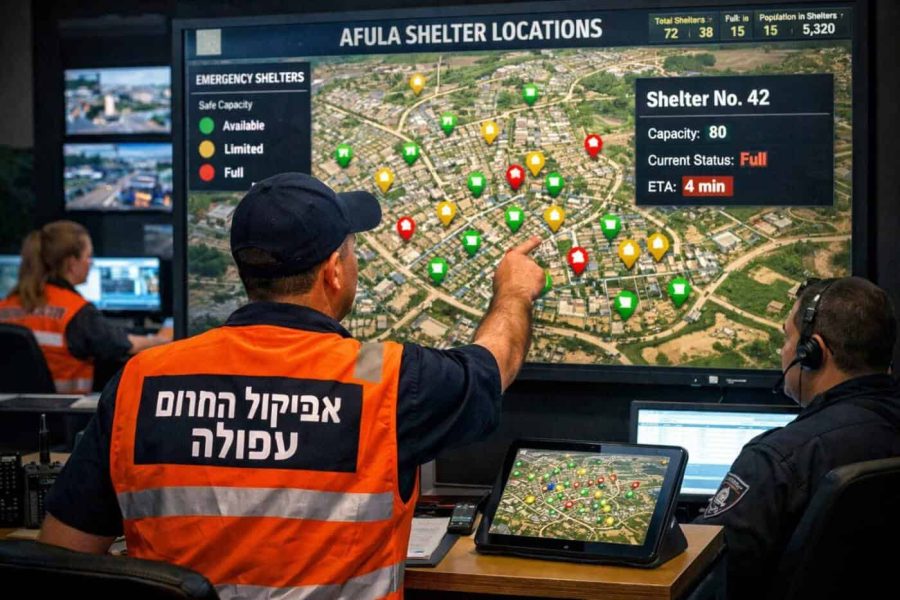 Interactive digital map showing emergency civil defense shelters in Afula