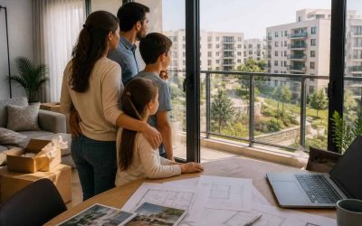Family reviewing housing plans in a bright modern apartment after moving to Israel
