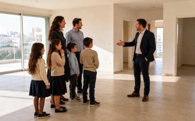 Large Anglo family looking at a bright Israeli rental apartment with multiple children