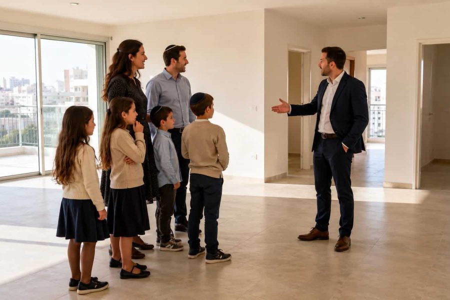 Large Anglo family looking at a bright Israeli rental apartment with multiple children