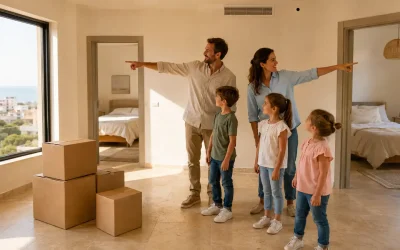 Relocating family inspecting separate bedrooms in a bright Israeli apartment while planning their bedroom minimum