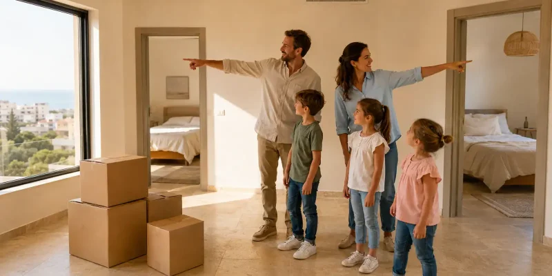 Relocating family inspecting separate bedrooms in a bright Israeli apartment while planning their bedroom minimum