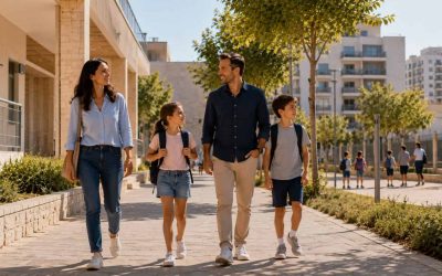 Family walking near Israeli apartment buildings and a school-like courtyard