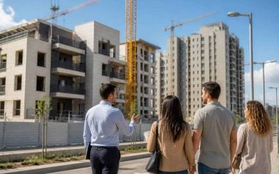 Modern apartment buildings under construction in an Israeli city with buyers walking nearby