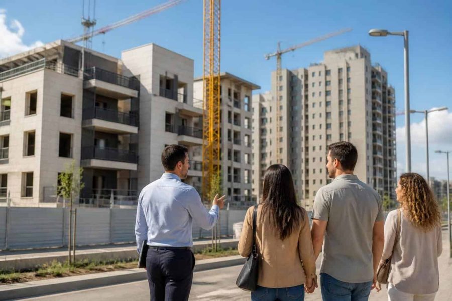 Modern apartment buildings under construction in an Israeli city with buyers walking nearby