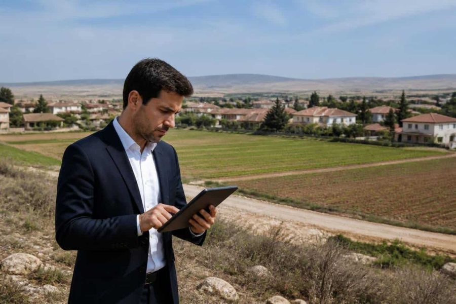 Rural Israeli landscape near agricultural land and low-rise homes viewed from a distance