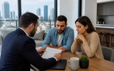 Prospective homebuyers reviewing mortgage documents with a real estate agent in a modern Israeli apartment