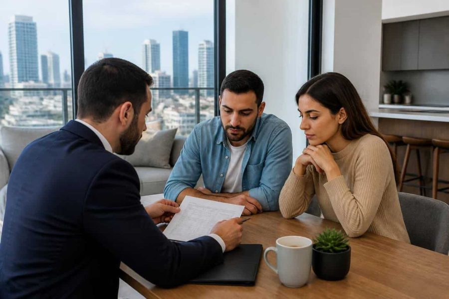 Prospective homebuyers reviewing mortgage documents with a real estate agent in a modern Israeli apartment