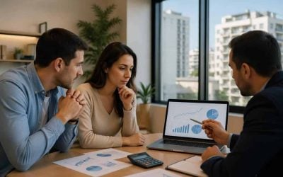 Couple reviewing mortgage repayment figures with a financial adviser in a modern office