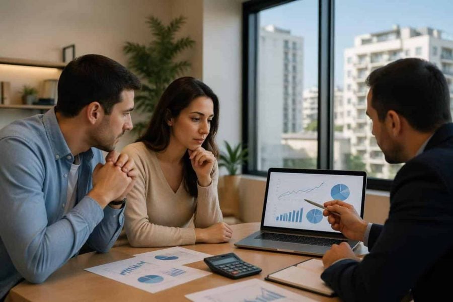 Couple reviewing mortgage repayment figures with a financial adviser in a modern office