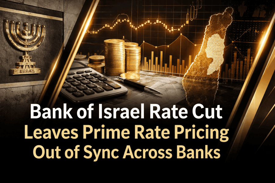 Gold and black financial banner showing Bank of Israel rate cut, prime rate charts, coins, calculator, and Israel map