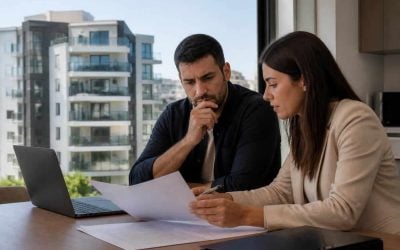 Prospective homebuyer reviewing mortgage documents with a residential apartment building in the background