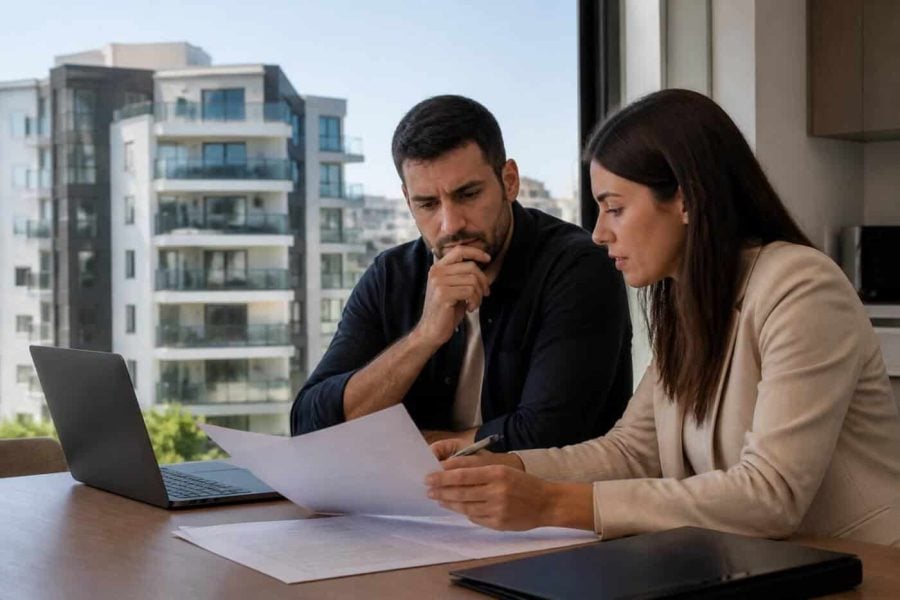 Prospective homebuyer reviewing mortgage documents with a residential apartment building in the background