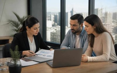 Israeli homebuyer reviewing mortgage documents with a financial adviser in a modern office