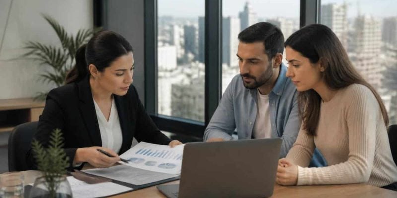 Israeli homebuyer reviewing mortgage documents with a financial adviser in a modern office