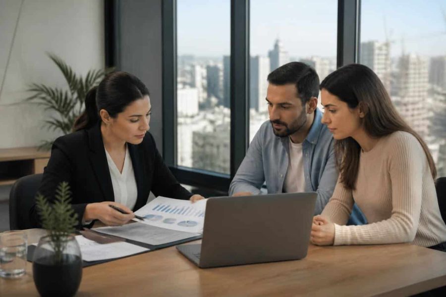 Israeli homebuyer reviewing mortgage documents with a financial adviser in a modern office
