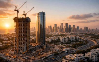 Tel Aviv skyline featuring construction development in Ramat Aviv funded by Bareket