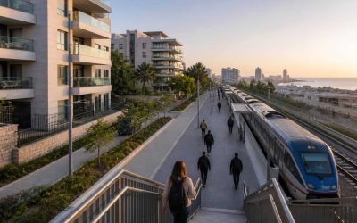 Modern apartment building near a commuter rail station with people walking during morning travel