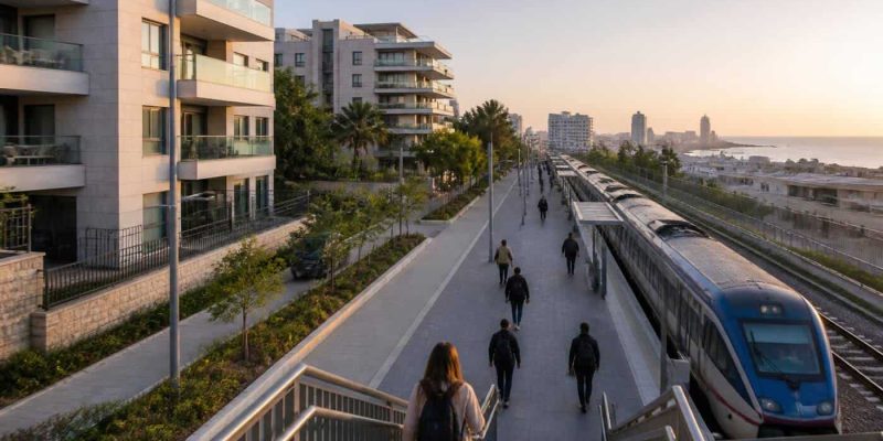 Modern apartment building near a commuter rail station with people walking during morning travel