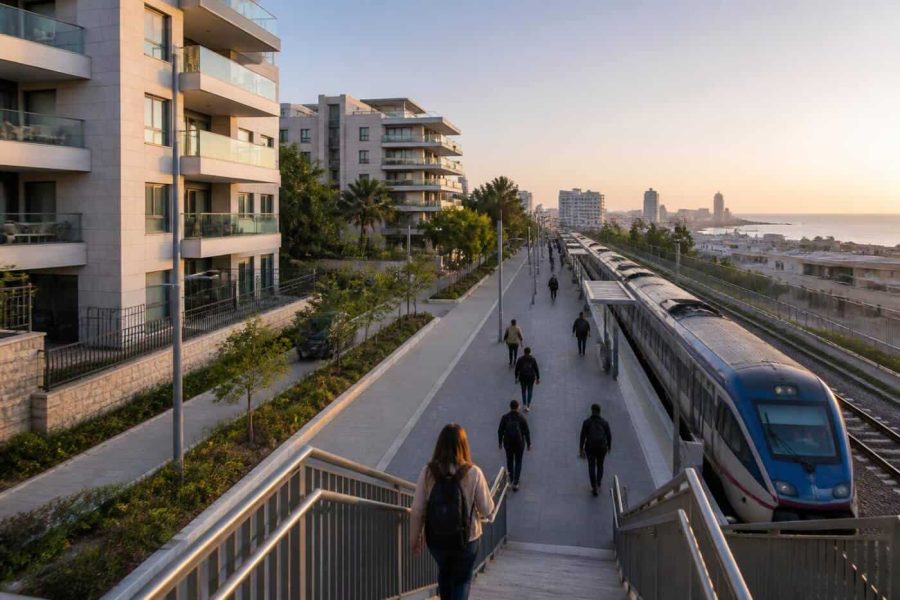 Modern apartment building near a commuter rail station with people walking during morning travel