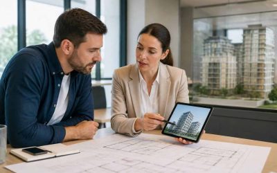 Buyer reviewing new apartment plans with a real estate advisor in a modern office