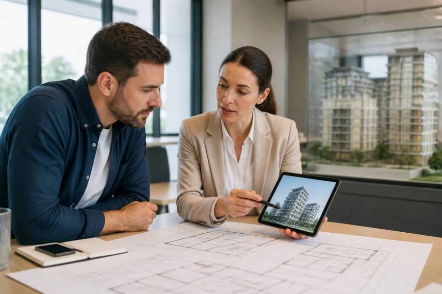 Buyer reviewing new apartment plans with a real estate advisor in a modern office
