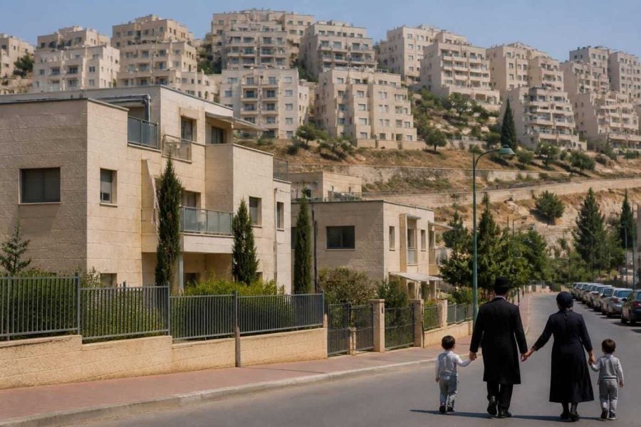 Residential apartment buildings in Beit Shemesh with hillside neighborhoods in the background