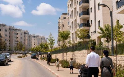 Modern residential apartment buildings in Beit Shemesh with families walking nearby