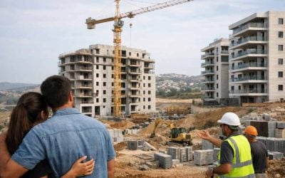 Modern residential construction projects and skyline of emerging Israeli cities outside Tel Aviv