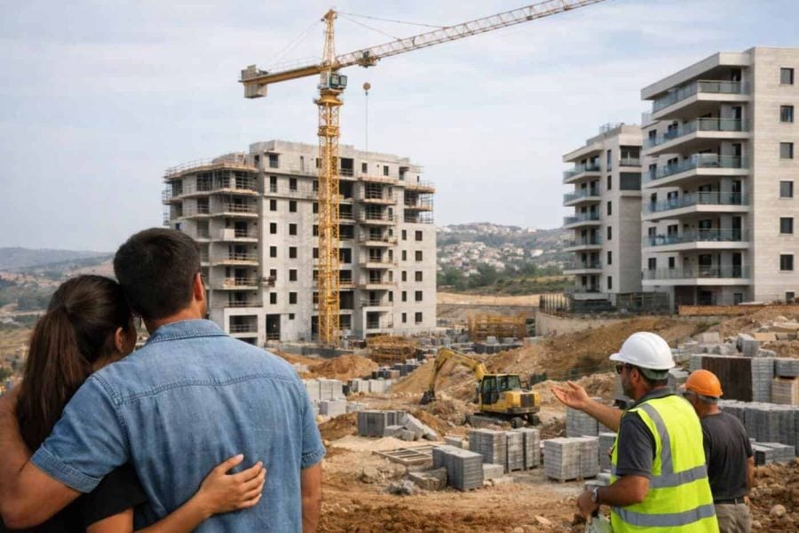 Modern residential construction projects and skyline of emerging Israeli cities outside Tel Aviv