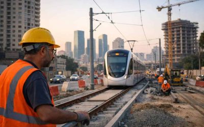 Light rail transit construction and urban development skyline connecting Bat Yam and Tel Aviv