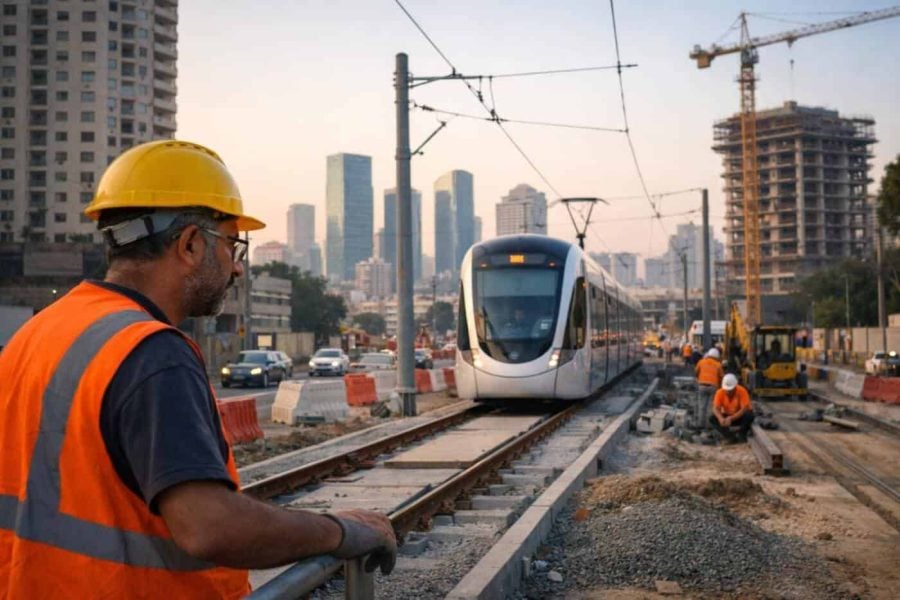 Light rail transit construction and urban development skyline connecting Bat Yam and Tel Aviv