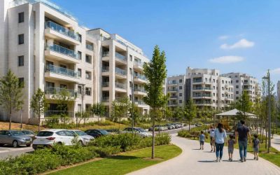 Family apartment buildings and landscaped residential streets in Modi’in