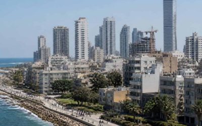 Modern apartment buildings near the Bat Yam coastline with the Mediterranean Sea in the background