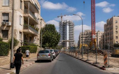 Modern apartment buildings and a light rail construction corridor in Holon, Israel