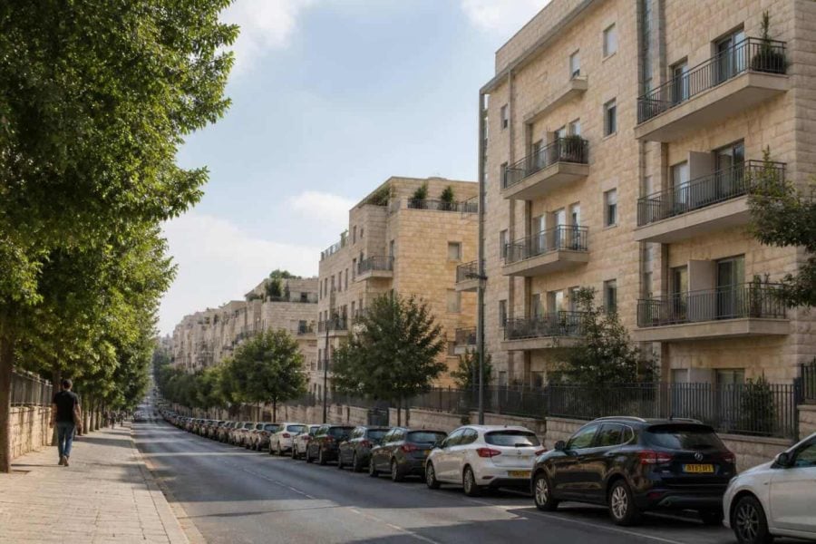 Residential apartment buildings on a quiet Jerusalem street with pedestrians and trees