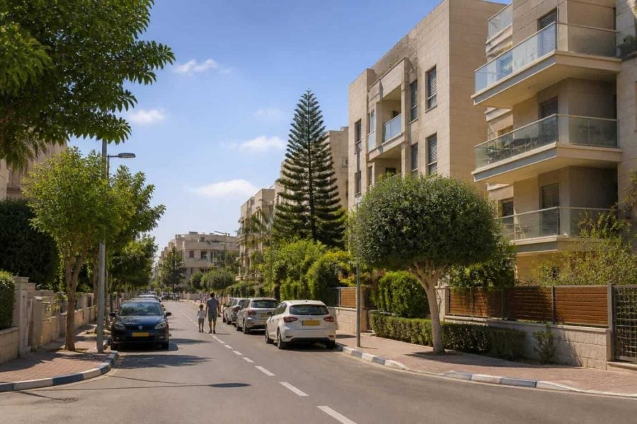 Modern apartment buildings and tree-lined residential street in Ra'anana