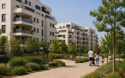Modern apartment buildings and landscaped green space in a residential Kfar Saba neighborhood