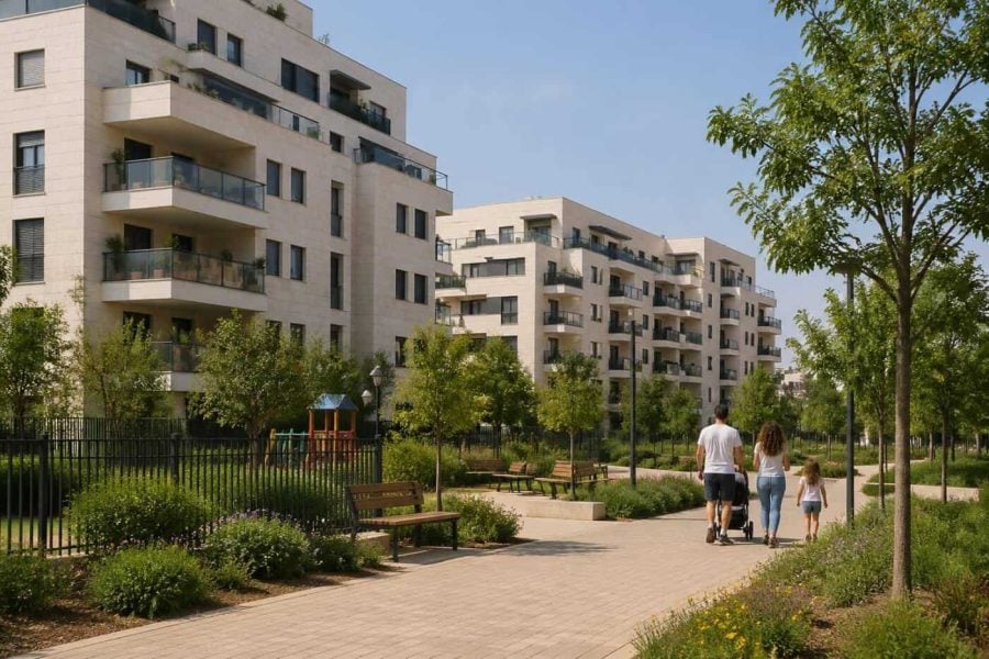 Modern apartment buildings and landscaped green space in a residential Kfar Saba neighborhood