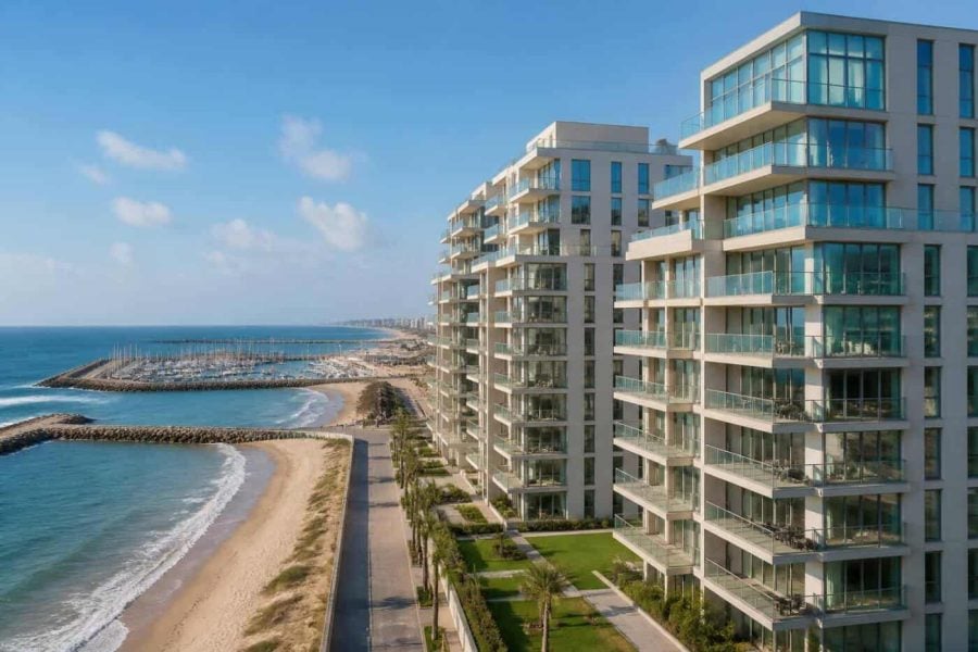 Modern beachfront apartment buildings near the Herzliya coastline with balconies and sea views